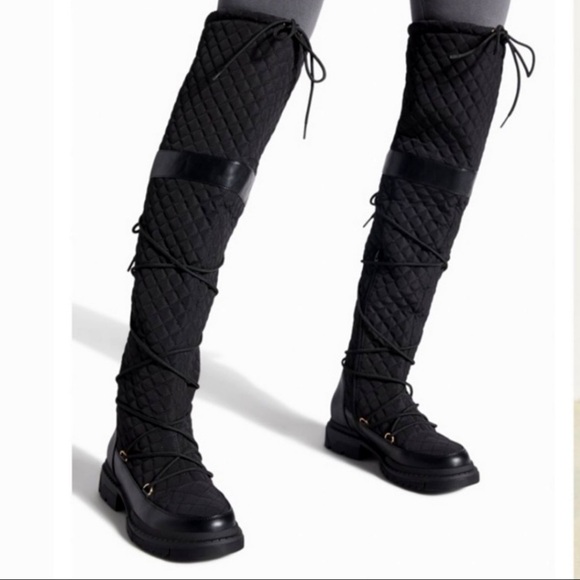 Sabrini Black Caviar Quilted Tall Boots Size 7 Chunky Heel New - Picture 3 of 11